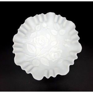 Vintage Imperial White Satin Milk Glass Embossed Roses Ruffled Lace Rim 9" Bowl
